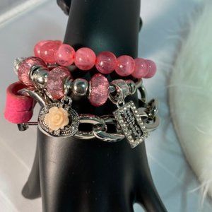 Bright Pink Leather Chain Bracelet Cuff